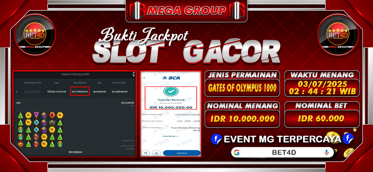 Bukti JP situs Bet4D hari Kamis, 03 Juli 2025