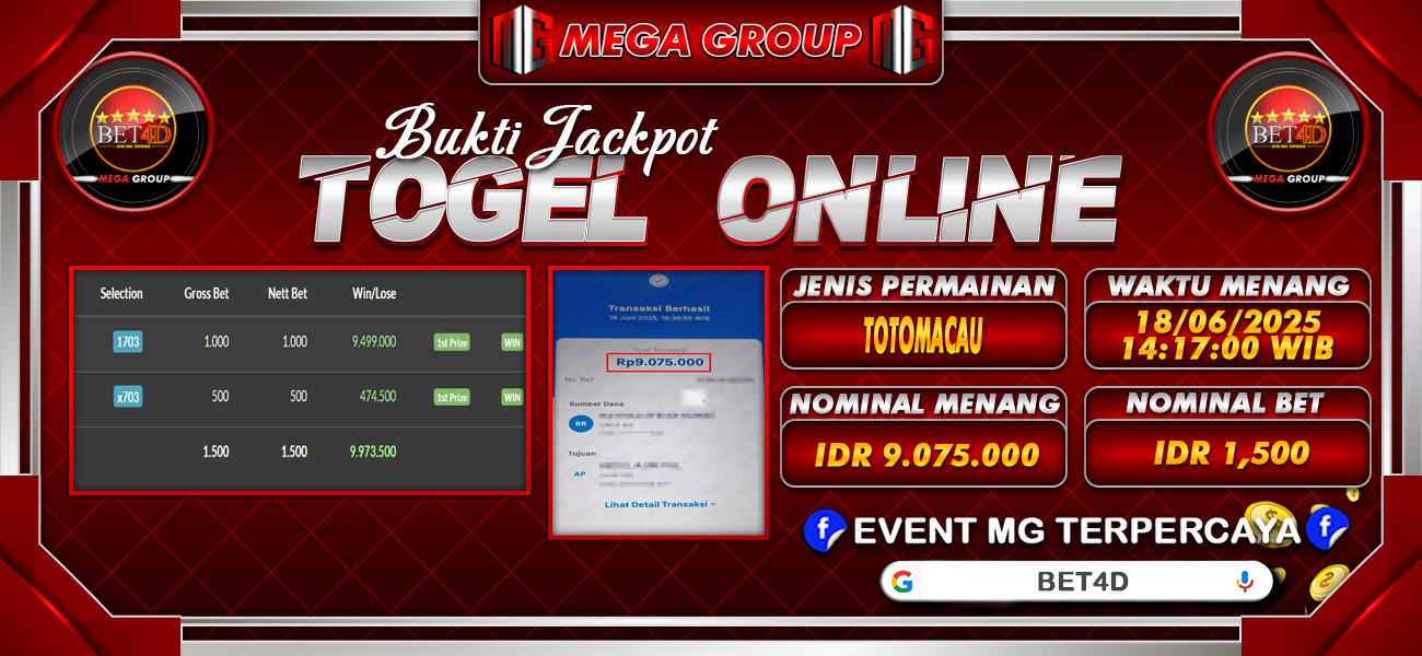 Bukti JP situs Bet4D hari Kamis, 19 Juni 2025