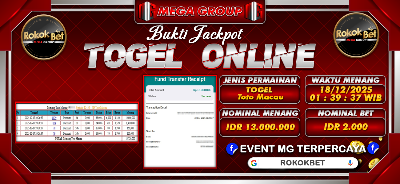 Bukti JP situs Rokokbet hari Kamis, 18 Desember 2025