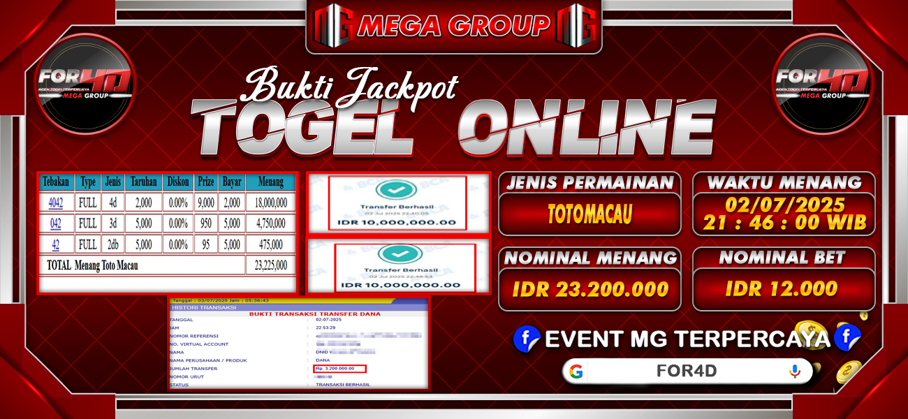 Bukti JP situs For4D hari Kamis, 03 Juli 2025