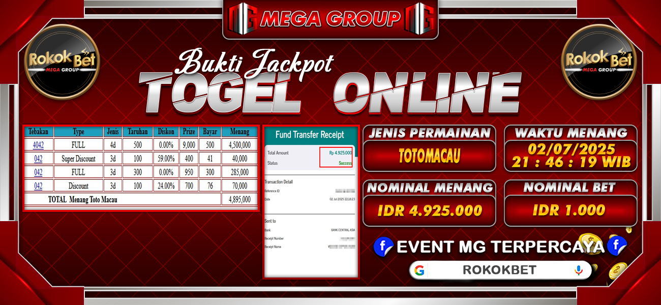 Bukti JP situs Rokokbet hari Kamis, 03 Juli 2025