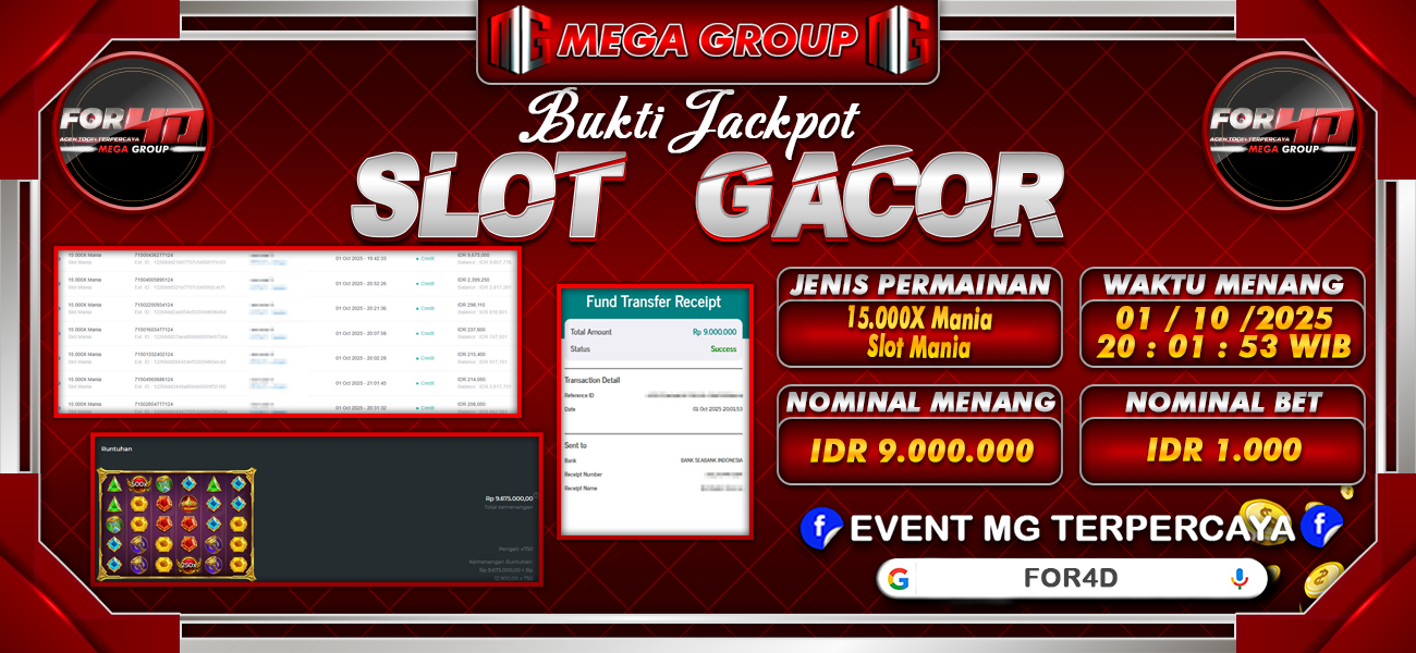 Bukti JP situs For4D hari Rabu, 01 Oktober 2025