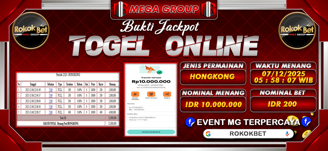 Bukti JP situs Rokokbet hari Minggu, 07 Desember 2025