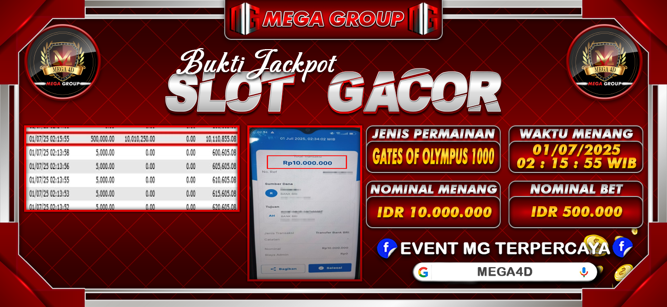 Bukti JP situs Mega4D hari Selasa, 01 Juli 2025