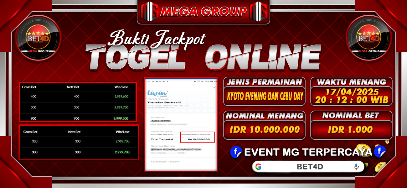 Bukti JP situs Bet4D hari Jumat, 18 April 2025